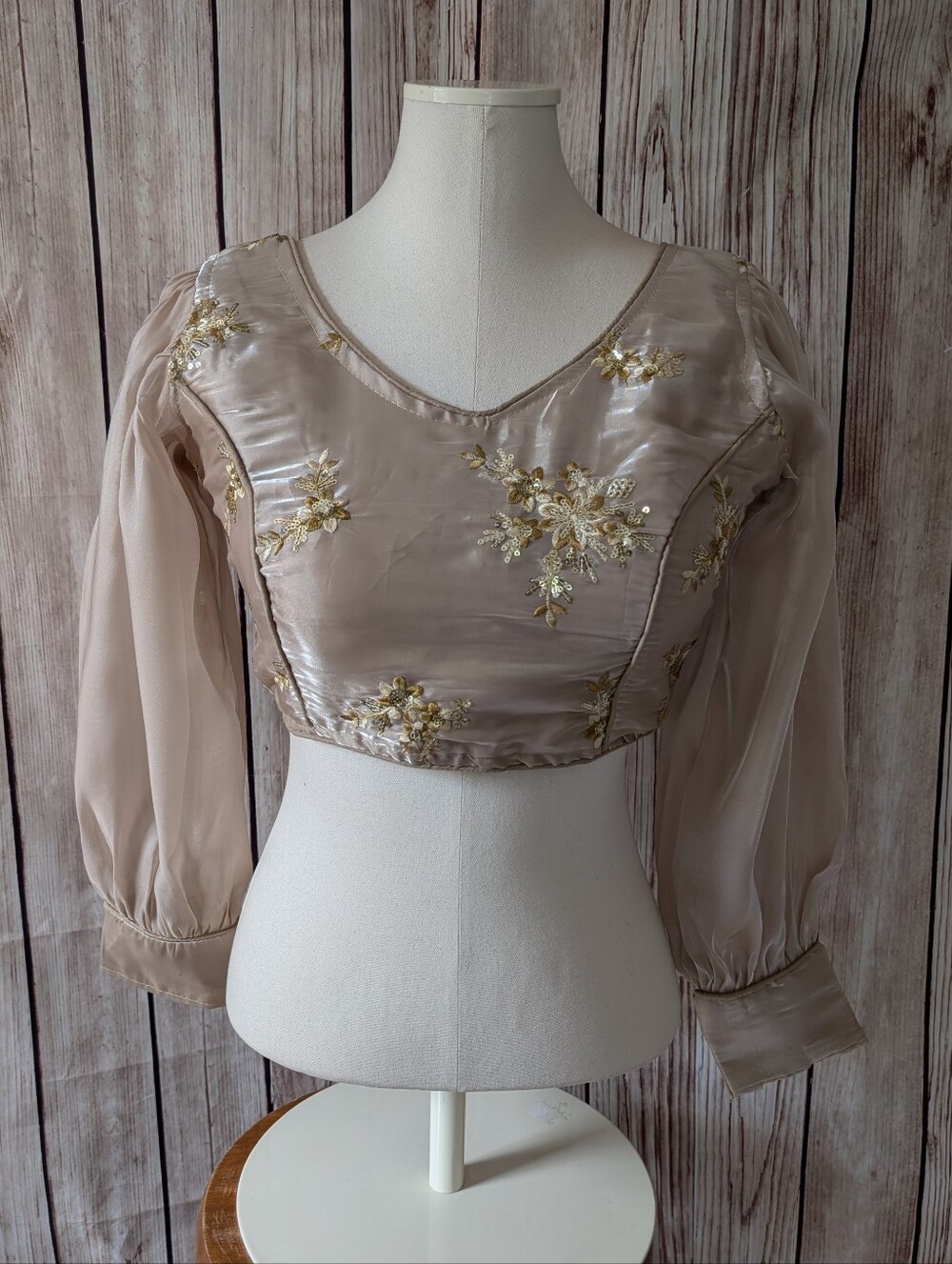 champagne beige / blush nude color, Sequin Long Sleeve Crop Top Choli Blouse